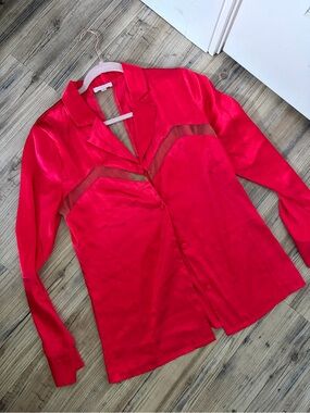 Maison Nou Silky Red Satin Button-Front Pajama Set with Sheer Insets